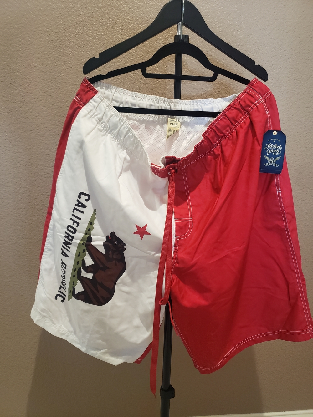 Faded Glory Red & White California Republic Swim Trunks